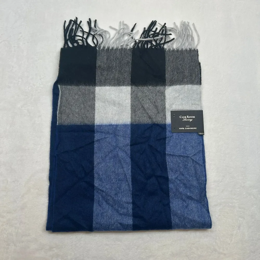 Club Room Luxury 100%‎ Cashmere Scarf One Size Blue Gray Buffalo Check Plaid